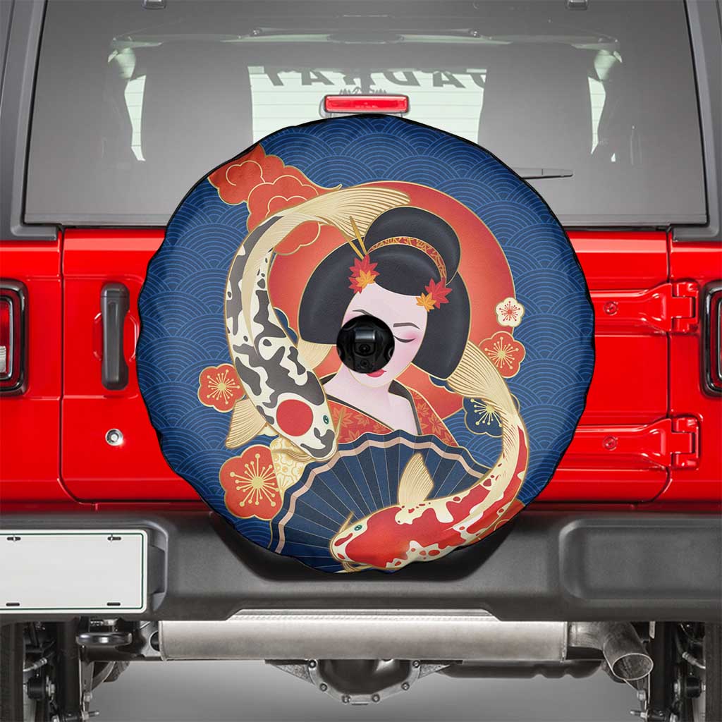 Japanese Geisha Koi Fish Spare Tire Cover Cherry Blossoms Blue Seigaiha Pattern - Wonder Print Shop