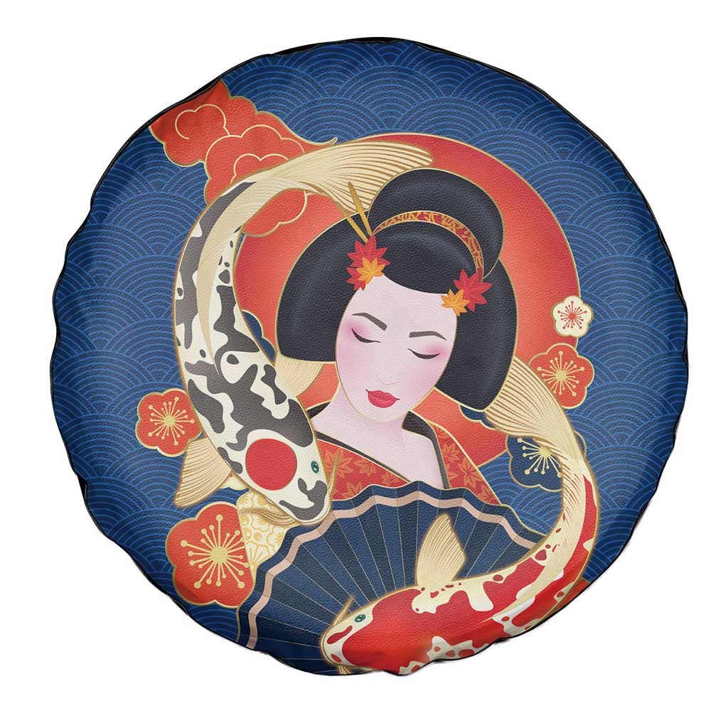 Japanese Geisha Koi Fish Spare Tire Cover Cherry Blossoms Blue Seigaiha Pattern - Wonder Print Shop