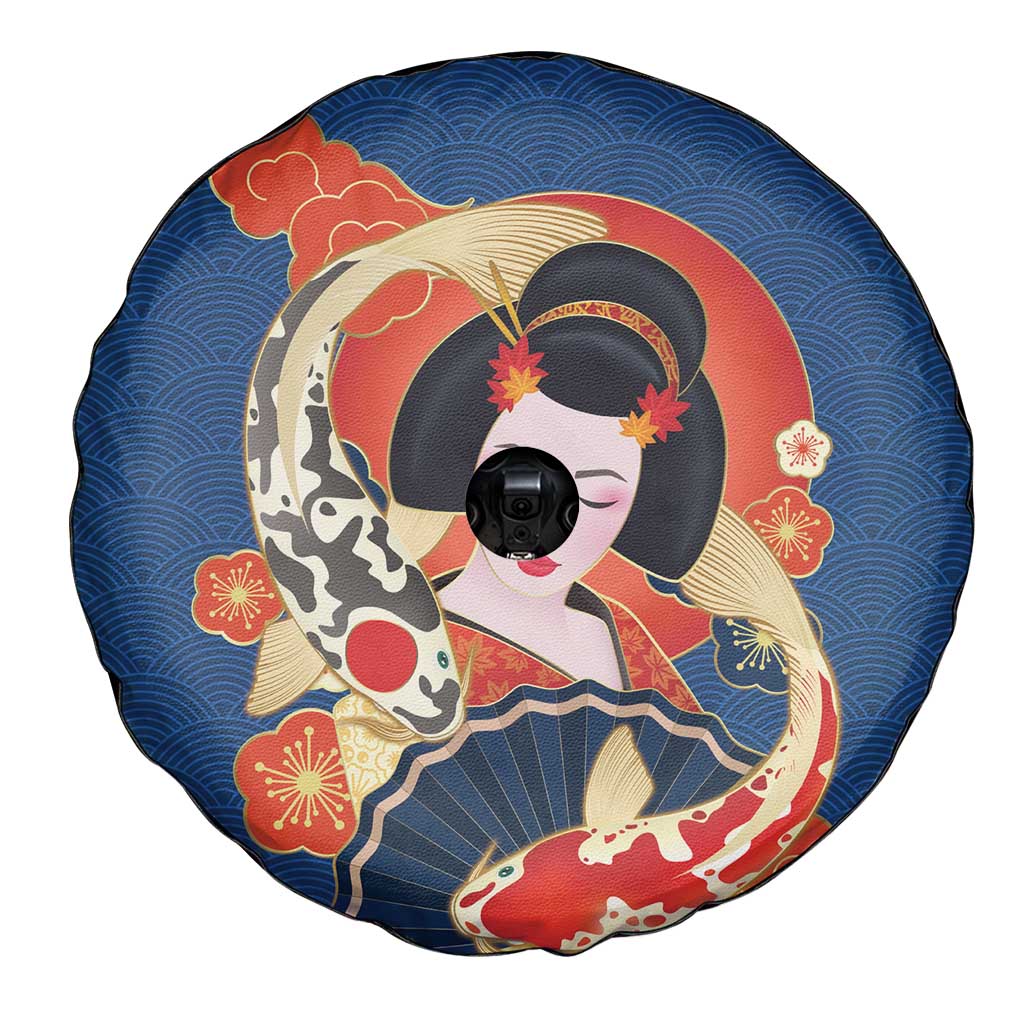 Japanese Geisha Koi Fish Spare Tire Cover Cherry Blossoms Blue Seigaiha Pattern - Wonder Print Shop