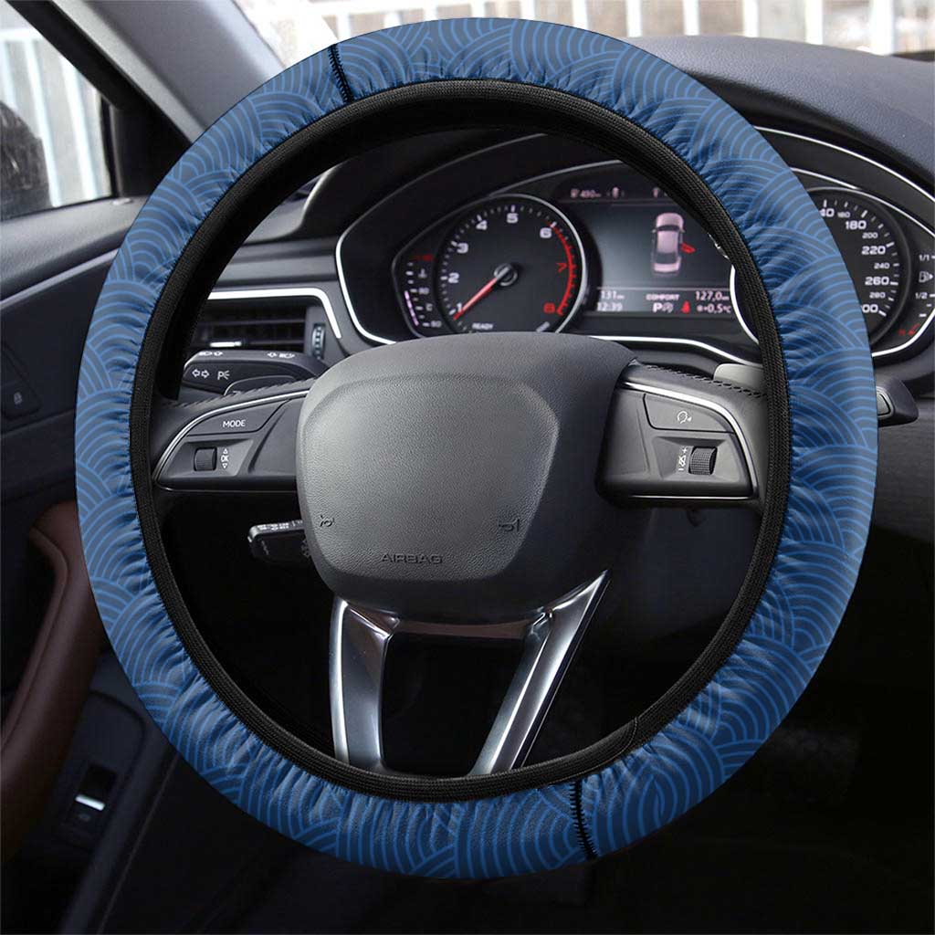 Japanese Geisha Koi Fish Steering Wheel Cover Cherry Blossoms Blue Seigaiha Pattern - Wonder Print Shop