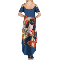Japanese Geisha Koi Fish Summer Maxi Dress Cherry Blossoms Blue Seigaiha Pattern - Wonder Print Shop