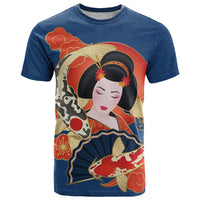 Japanese Geisha Koi Fish T Shirt Cherry Blossoms Blue Seigaiha Pattern - Wonder Print Shop