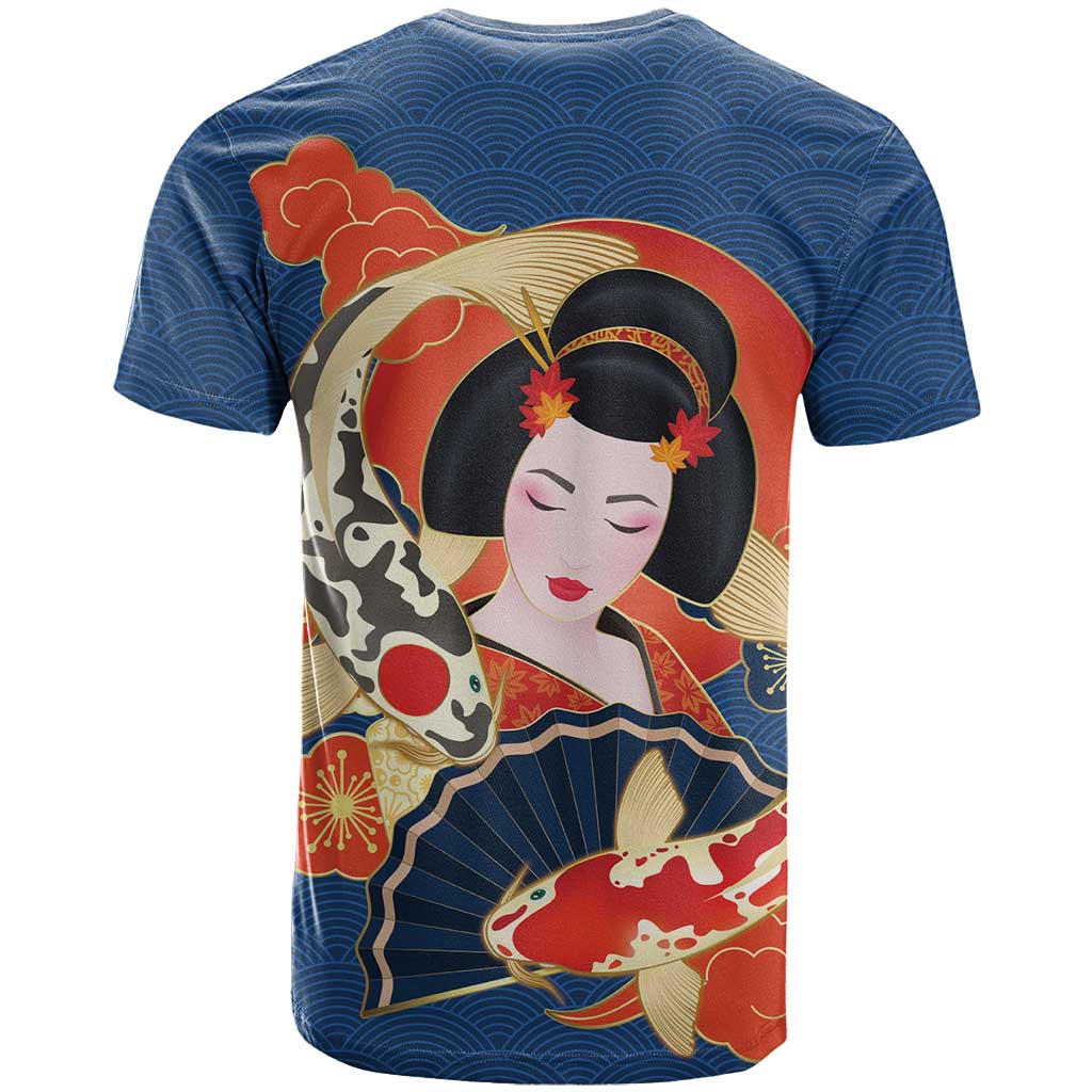 Japanese Geisha Koi Fish T Shirt Cherry Blossoms Blue Seigaiha Pattern - Wonder Print Shop