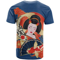 Japanese Geisha Koi Fish T Shirt Cherry Blossoms Blue Seigaiha Pattern - Wonder Print Shop