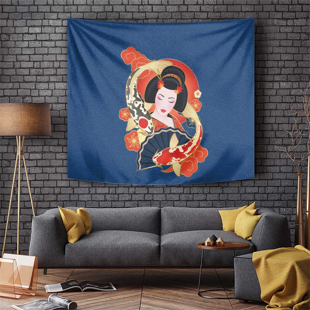 Japanese Geisha Koi Fish Tapestry Cherry Blossoms Blue Seigaiha Pattern - Wonder Print Shop