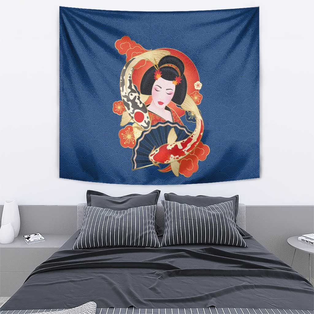 Japanese Geisha Koi Fish Tapestry Cherry Blossoms Blue Seigaiha Pattern - Wonder Print Shop