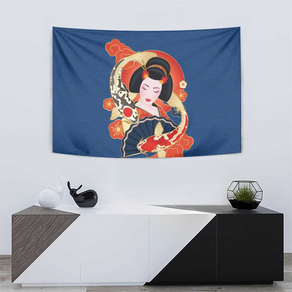 Japanese Geisha Koi Fish Tapestry Cherry Blossoms Blue Seigaiha Pattern - Wonder Print Shop