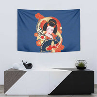 Japanese Geisha Koi Fish Tapestry Cherry Blossoms Blue Seigaiha Pattern - Wonder Print Shop