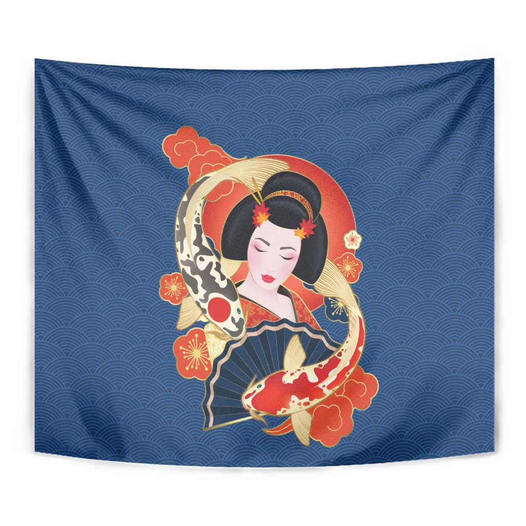 Japanese Geisha Koi Fish Tapestry Cherry Blossoms Blue Seigaiha Pattern - Wonder Print Shop