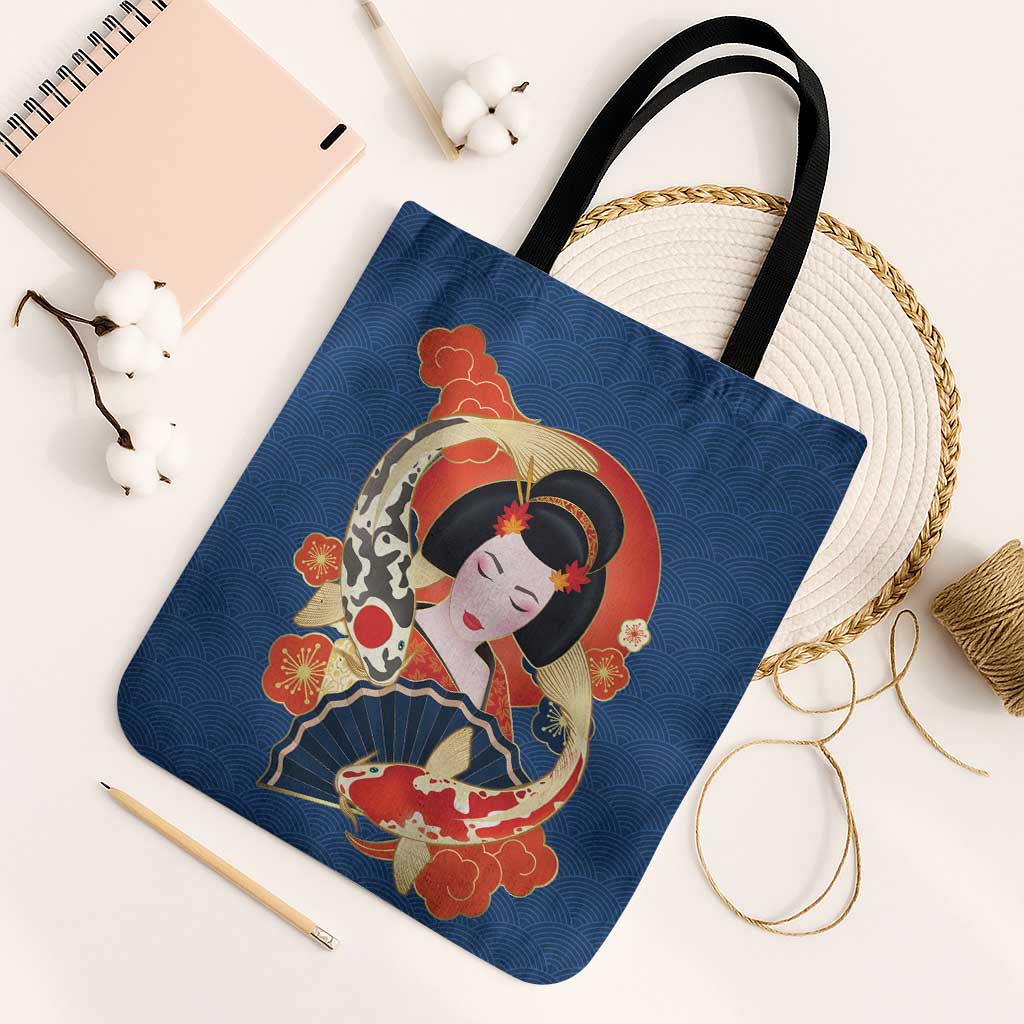 Japanese Geisha Koi Fish Tote Bag Cherry Blossoms Blue Seigaiha Pattern - Wonder Print Shop