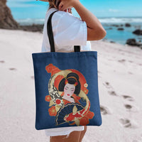 Japanese Geisha Koi Fish Tote Bag Cherry Blossoms Blue Seigaiha Pattern - Wonder Print Shop