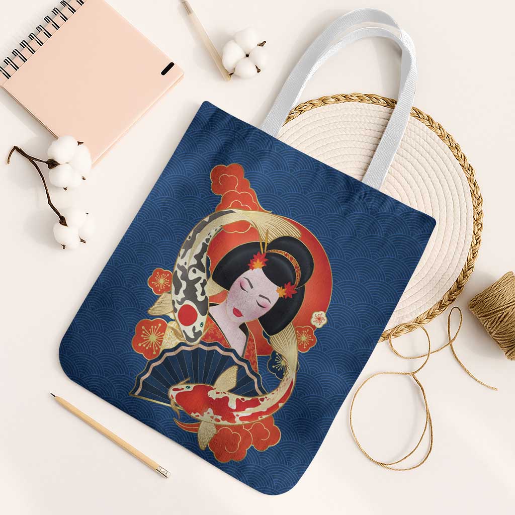 Japanese Geisha Koi Fish Tote Bag Cherry Blossoms Blue Seigaiha Pattern - Wonder Print Shop