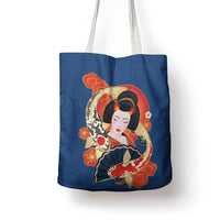 Japanese Geisha Koi Fish Tote Bag Cherry Blossoms Blue Seigaiha Pattern - Wonder Print Shop