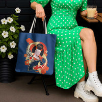 Japanese Geisha Koi Fish Tote Bag Cherry Blossoms Blue Seigaiha Pattern - Wonder Print Shop