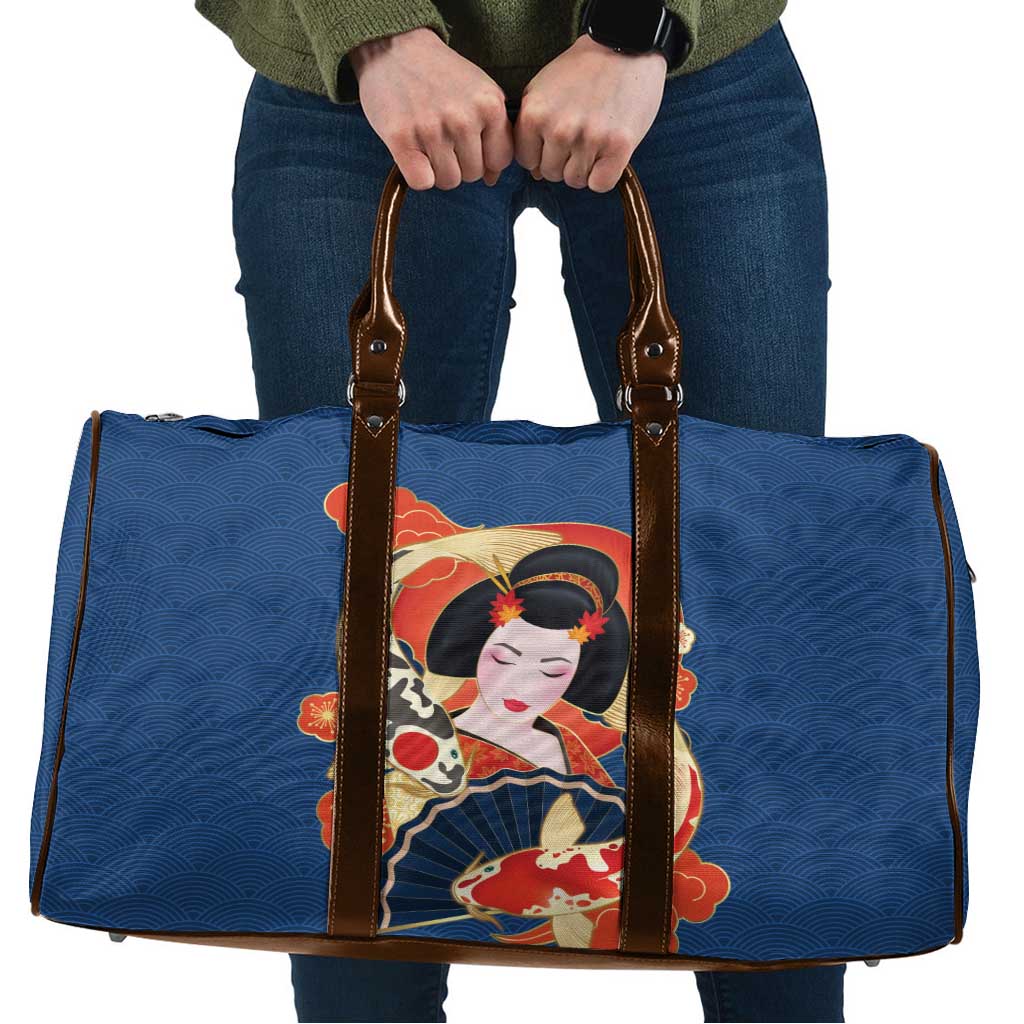 Japanese Geisha Koi Fish Travel Bag Cherry Blossoms Blue Seigaiha Pattern - Wonder Print Shop