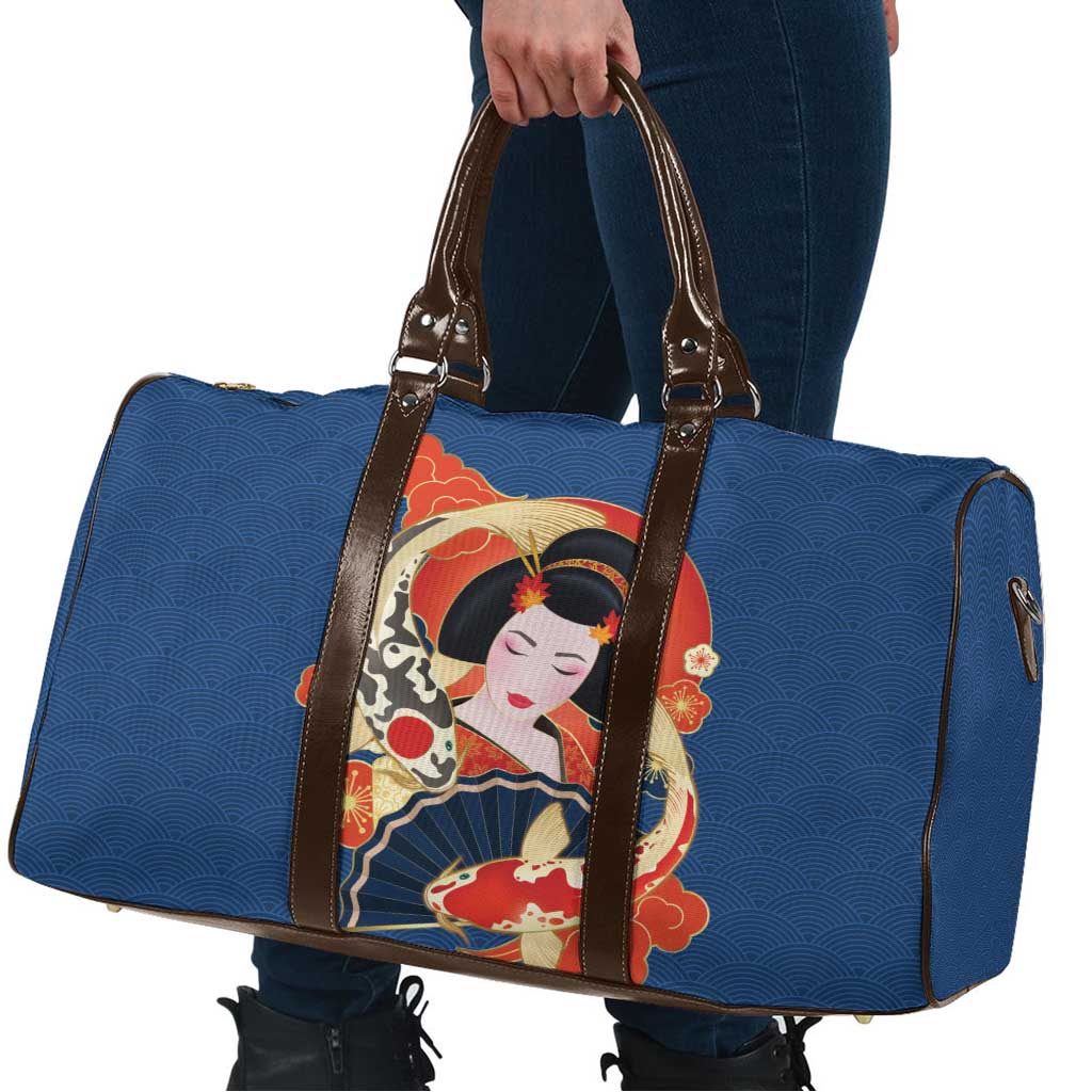 Japanese Geisha Koi Fish Travel Bag Cherry Blossoms Blue Seigaiha Pattern - Wonder Print Shop