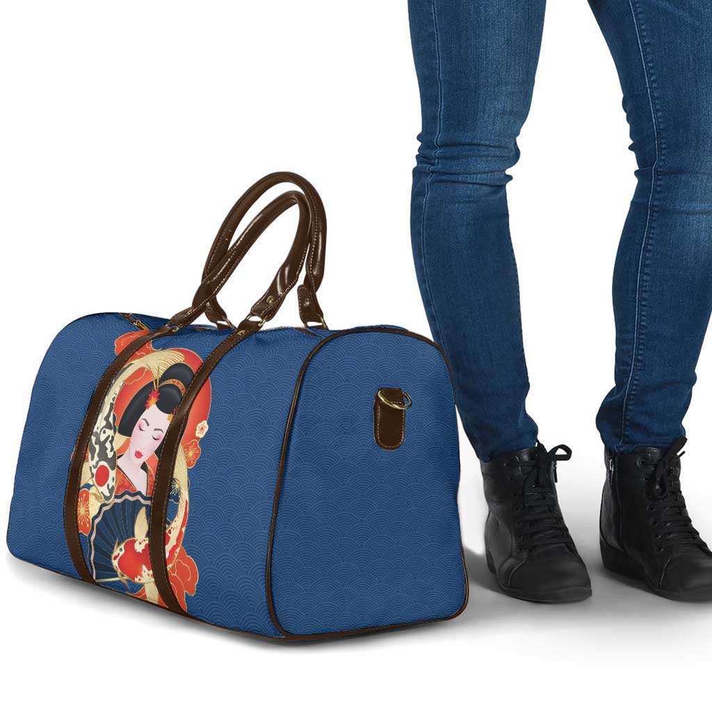 Japanese Geisha Koi Fish Travel Bag Cherry Blossoms Blue Seigaiha Pattern - Wonder Print Shop