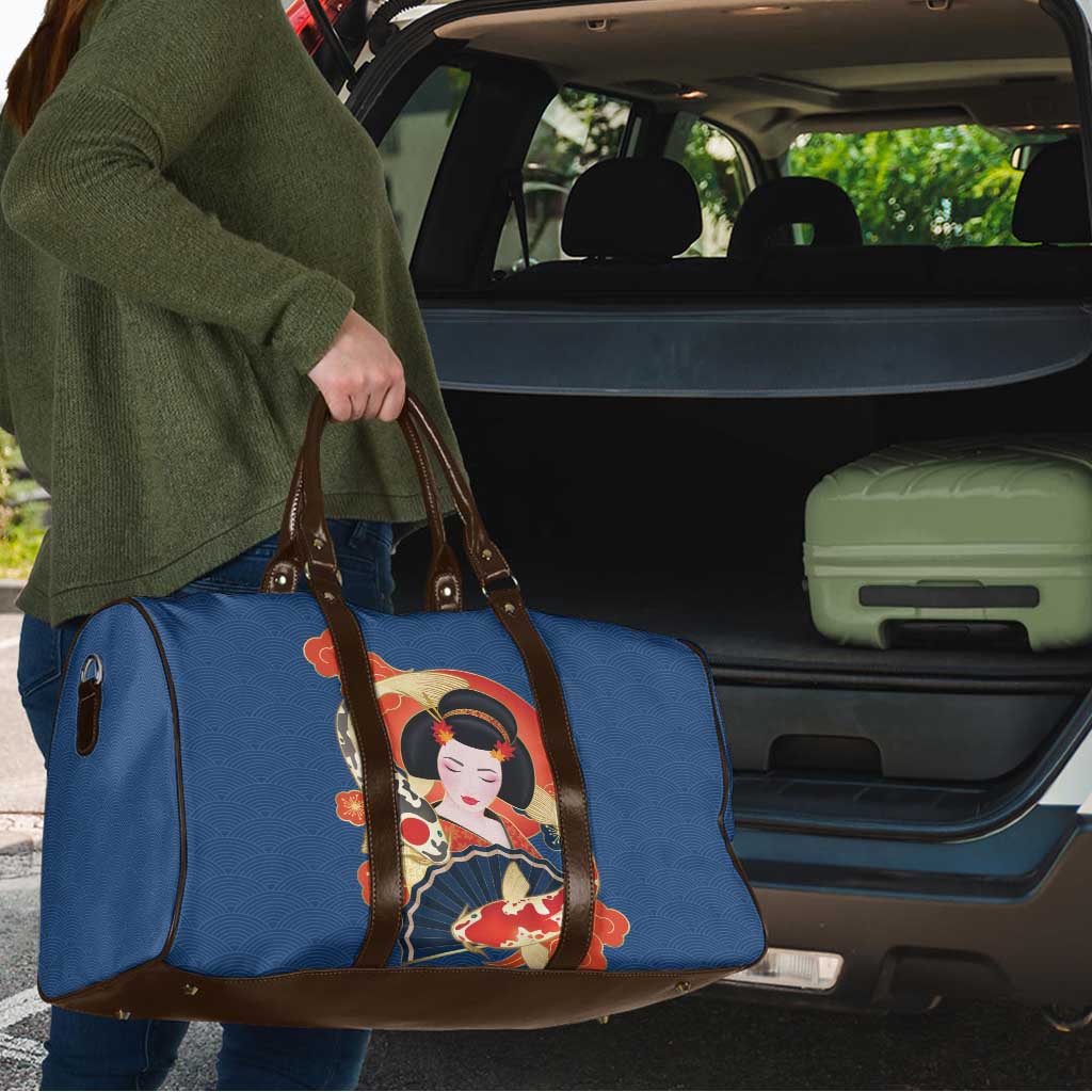 Japanese Geisha Koi Fish Travel Bag Cherry Blossoms Blue Seigaiha Pattern - Wonder Print Shop
