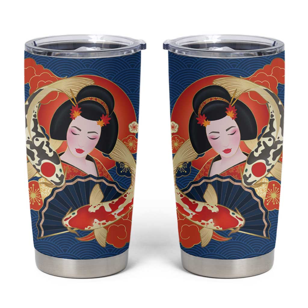 Japanese Geisha Koi Fish Tumbler Cup Cherry Blossoms Blue Seigaiha Pattern - Wonder Print Shop