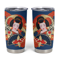 Japanese Geisha Koi Fish Tumbler Cup Cherry Blossoms Blue Seigaiha Pattern - Wonder Print Shop