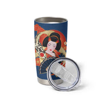 Japanese Geisha Koi Fish Tumbler Cup Cherry Blossoms Blue Seigaiha Pattern - Wonder Print Shop