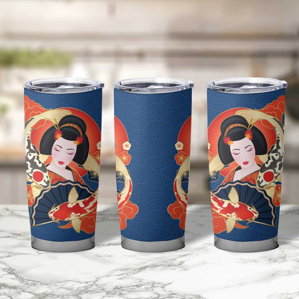 Japanese Geisha Koi Fish Tumbler Cup Cherry Blossoms Blue Seigaiha Pattern - Wonder Print Shop