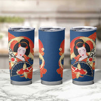 Japanese Geisha Koi Fish Tumbler Cup Cherry Blossoms Blue Seigaiha Pattern - Wonder Print Shop