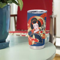 Japanese Geisha Koi Fish Tumbler Cup Cherry Blossoms Blue Seigaiha Pattern - Wonder Print Shop