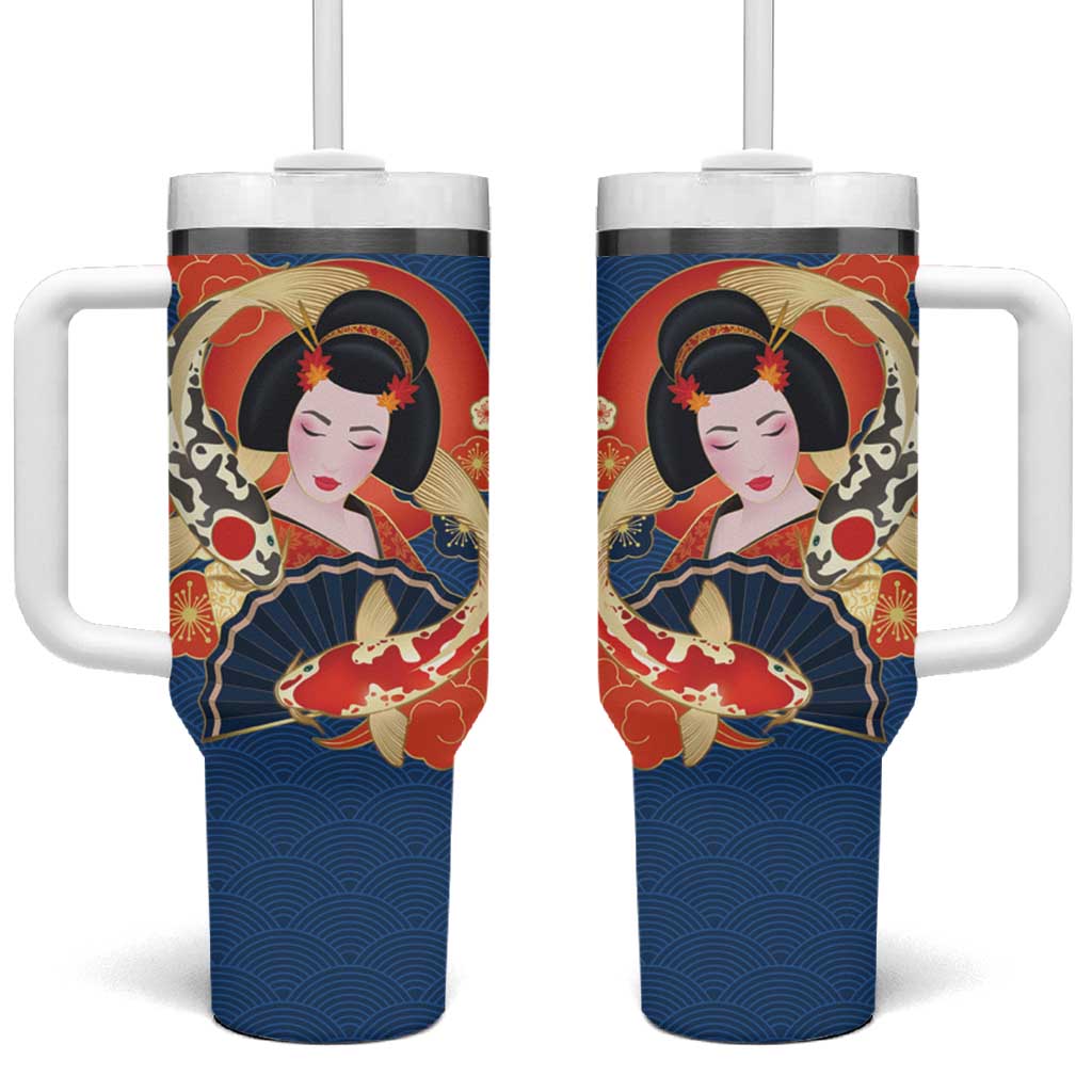 Japanese Geisha Koi Fish Tumbler With Handle Cherry Blossoms Blue Seigaiha Pattern - Wonder Print Shop