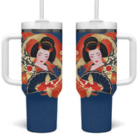 Japanese Geisha Koi Fish Tumbler With Handle Cherry Blossoms Blue Seigaiha Pattern - Wonder Print Shop