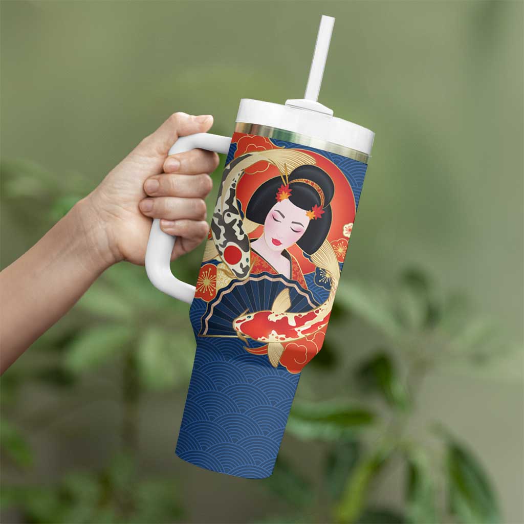 Japanese Geisha Koi Fish Tumbler With Handle Cherry Blossoms Blue Seigaiha Pattern - Wonder Print Shop