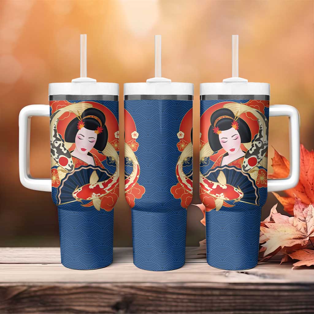 Japanese Geisha Koi Fish Tumbler With Handle Cherry Blossoms Blue Seigaiha Pattern - Wonder Print Shop
