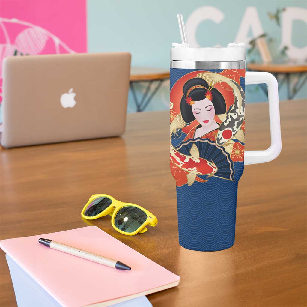 Japanese Geisha Koi Fish Tumbler With Handle Cherry Blossoms Blue Seigaiha Pattern - Wonder Print Shop