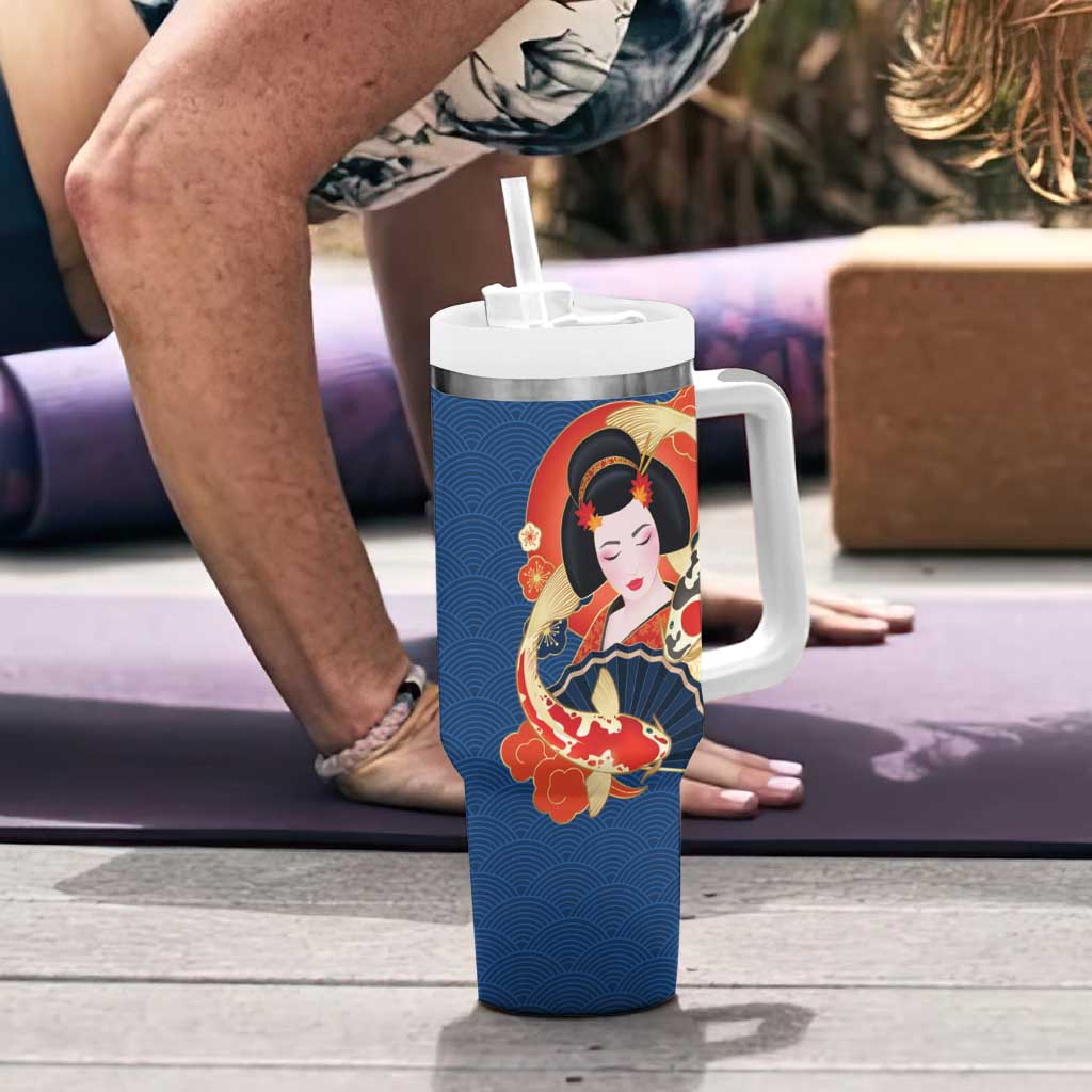 Japanese Geisha Koi Fish Tumbler With Handle Cherry Blossoms Blue Seigaiha Pattern - Wonder Print Shop