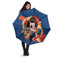 Japanese Geisha Koi Fish Umbrella Cherry Blossoms Blue Seigaiha Pattern - Wonder Print Shop