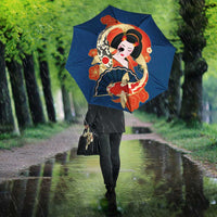 Japanese Geisha Koi Fish Umbrella Cherry Blossoms Blue Seigaiha Pattern - Wonder Print Shop