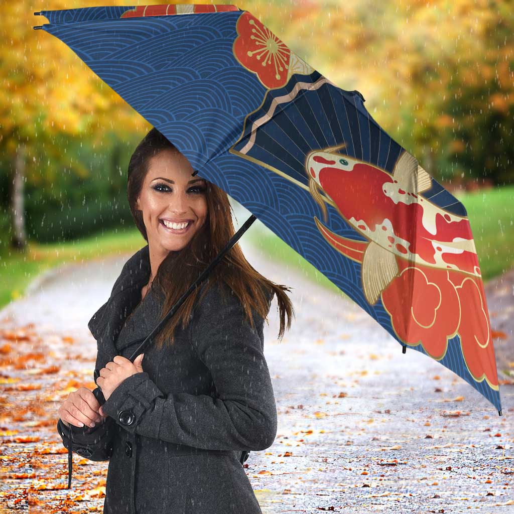 Japanese Geisha Koi Fish Umbrella Cherry Blossoms Blue Seigaiha Pattern - Wonder Print Shop