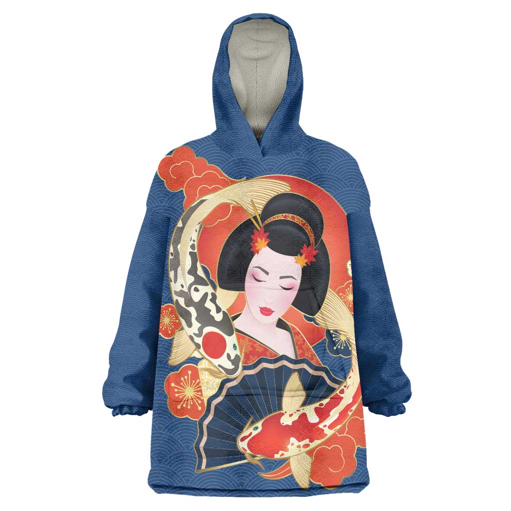 Japanese Geisha Koi Fish Wearable Blanket Hoodie Cherry Blossoms Blue Seigaiha Pattern - Wonder Print Shop