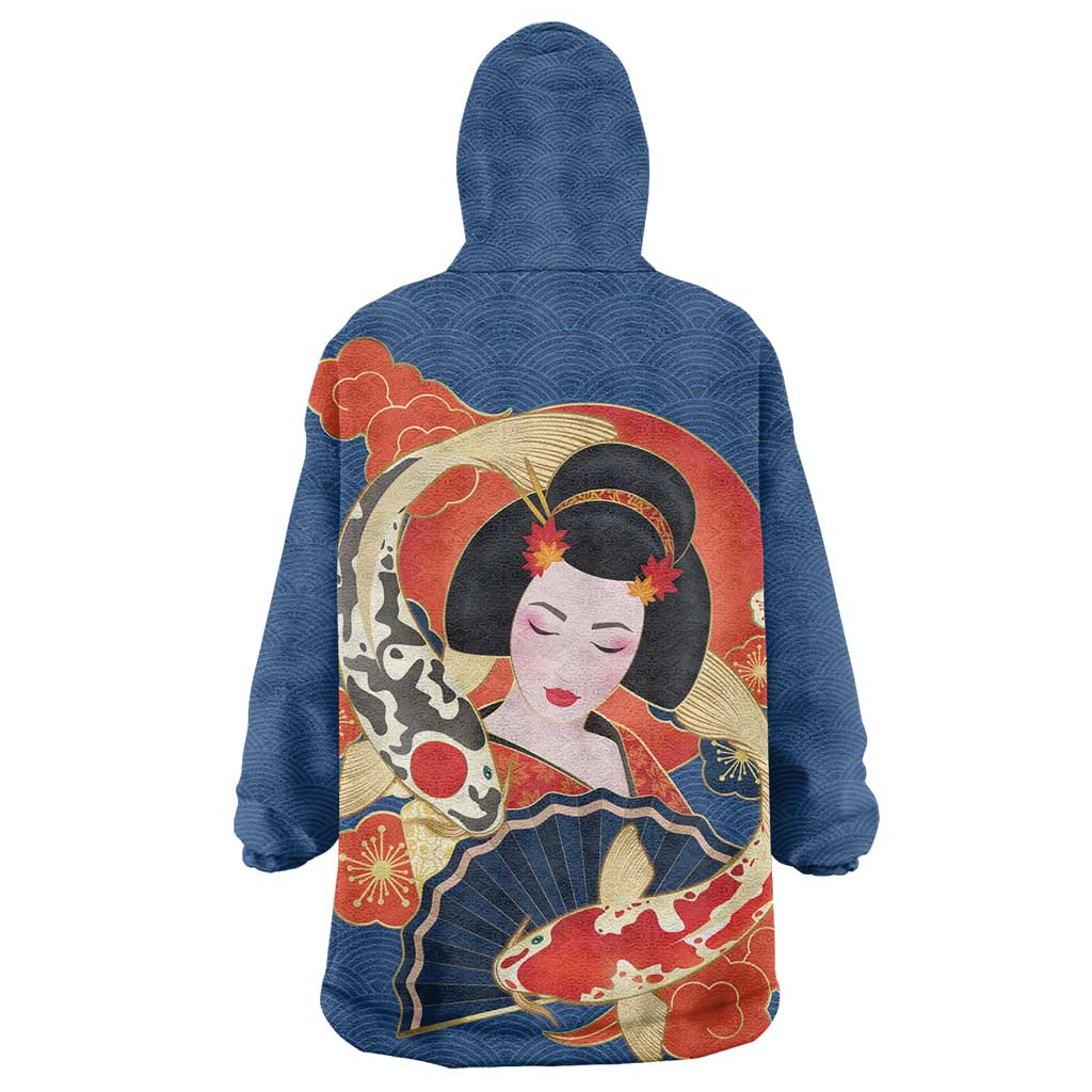 Japanese Geisha Koi Fish Wearable Blanket Hoodie Cherry Blossoms Blue Seigaiha Pattern - Wonder Print Shop