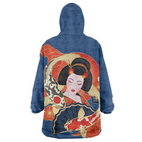 Japanese Geisha Koi Fish Wearable Blanket Hoodie Cherry Blossoms Blue Seigaiha Pattern - Wonder Print Shop