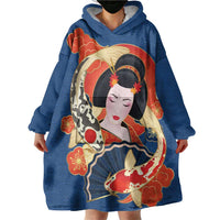 Japanese Geisha Koi Fish Wearable Blanket Hoodie Cherry Blossoms Blue Seigaiha Pattern - Wonder Print Shop