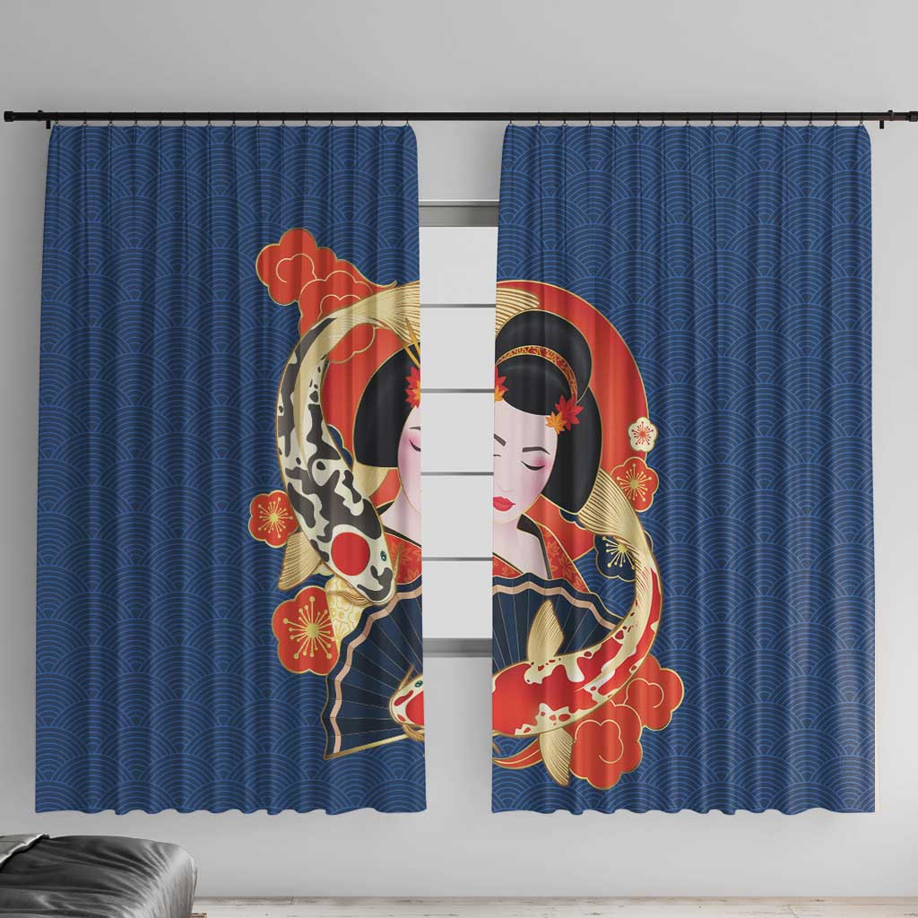 Japanese Geisha Koi Fish Window Curtain Cherry Blossoms Blue Seigaiha Pattern - Wonder Print Shop