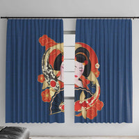 Japanese Geisha Koi Fish Window Curtain Cherry Blossoms Blue Seigaiha Pattern - Wonder Print Shop