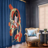 Japanese Geisha Koi Fish Window Curtain Cherry Blossoms Blue Seigaiha Pattern - Wonder Print Shop