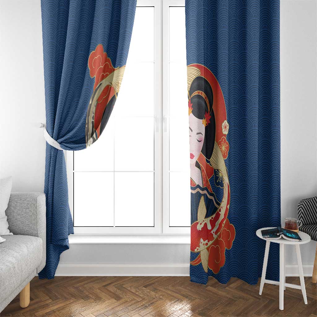 Japanese Geisha Koi Fish Window Curtain Cherry Blossoms Blue Seigaiha Pattern - Wonder Print Shop