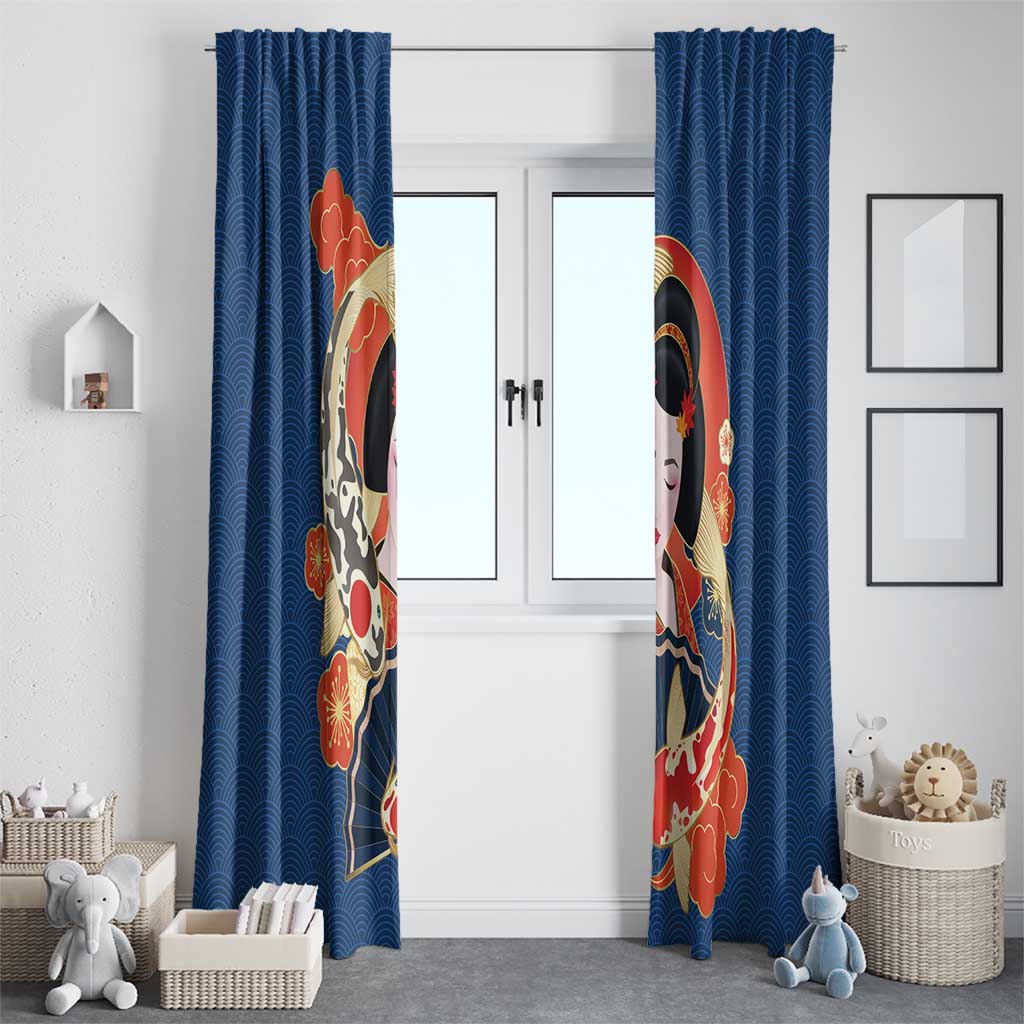 Japanese Geisha Koi Fish Window Curtain Cherry Blossoms Blue Seigaiha Pattern - Wonder Print Shop