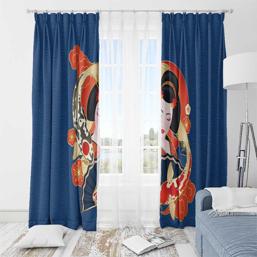 Japanese Geisha Koi Fish Window Curtain Cherry Blossoms Blue Seigaiha Pattern - Wonder Print Shop