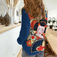 Japanese Geisha Koi Fish Women Casual Shirt Cherry Blossoms Blue Seigaiha Pattern - Wonder Print Shop