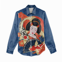 Japanese Geisha Koi Fish Women Casual Shirt Cherry Blossoms Blue Seigaiha Pattern - Wonder Print Shop