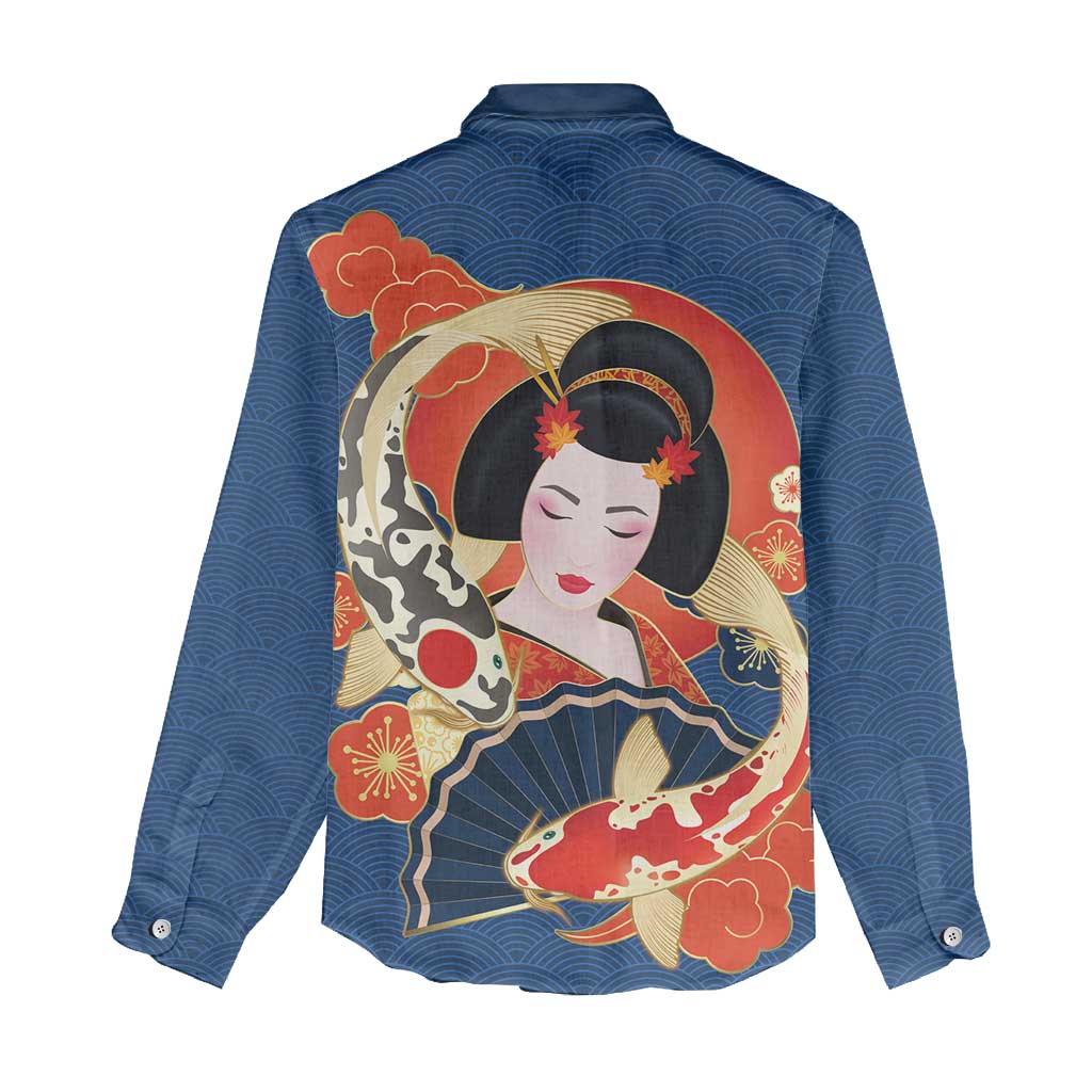 Japanese Geisha Koi Fish Women Casual Shirt Cherry Blossoms Blue Seigaiha Pattern - Wonder Print Shop